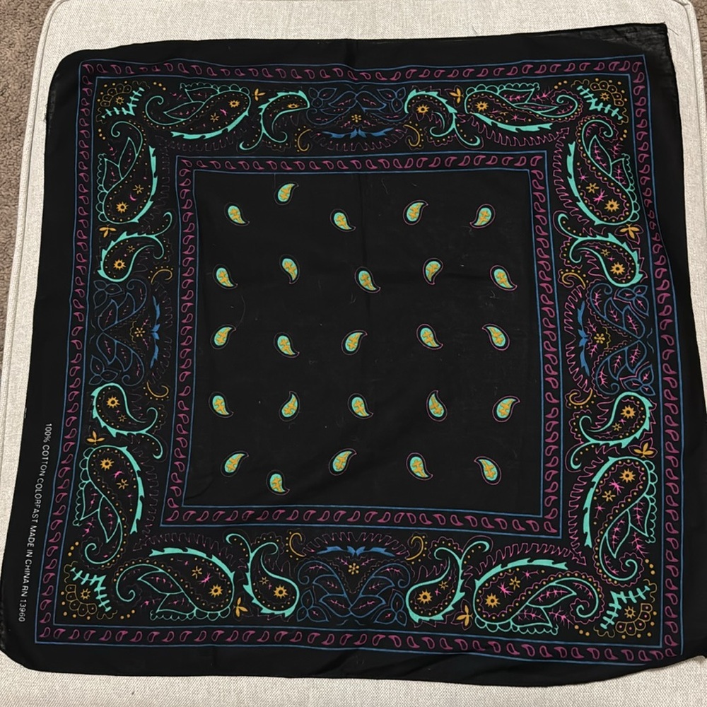 Cotton Bandanna Style Square Scarf-Paisley Black Teal Purple-EUC - Picture 3 of 9
